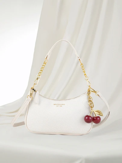 Clariva New Fashionable Women's Shoulder Bag, Multifunctional PU Waterproof Fabric French Stick Bag, Letter Pattern And Cherry Pearl String Pendant Decoration, Fashionable Women's Shoulder Bag, Armpit Bag, Business Commuting Bag, Elegant Women's Wallet, Suitable For Shopping, Commuting And Party Use Gifts