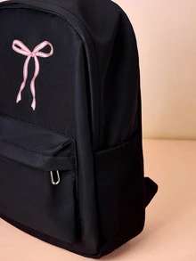 Hatastic 1件春季開學青年後背包，新季開學款休閒百搭可愛蝴蝶結精緻尼龍材質拉鍊封口書包，適合大學生、高中生、初中生、小學生，隨機印花、多口袋、輕便便攜、拉鍊包裝，畢業禮物，可愛蝴蝶結後背包，開學必備，大學必備禮物，音樂節適用 - 黑色 - 查看 4
