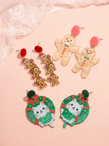 Hatastic 3对新年姜饼人猫咪花环亚克力吊坠耳环套装，派对节日礼物，珠宝礼品，音乐节 - 彩色 - 查看 1