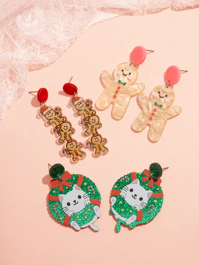 Hatastic 3对新年圣诞姜饼人猫咪花环亚克力吊坠耳环套装 派对节日礼物 首饰 圣诞礼物