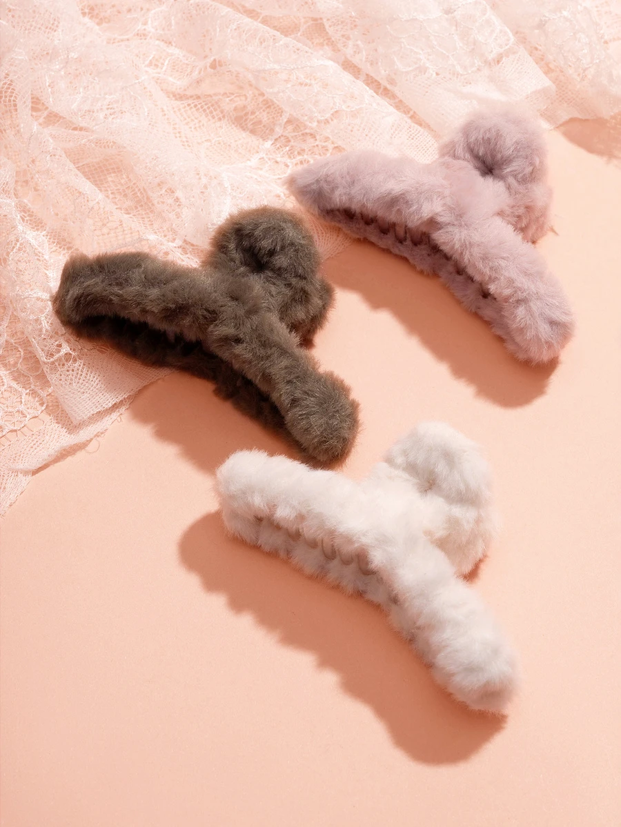 Hatastic 3pcs/Set Plush Hair Clips, 3 Colors (Beige + Coffee + Pink), 11cm Criss-Cross Design Hair Accessories Women Claw Clip Autumn Accessories Fall Winter For Vacation Outfits Woman Gifts - 3pcs (pink + Coffee + White) 11cm Cross Clip - View 1