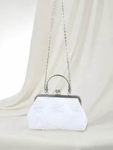 Clariva Blue Lovely Lace Flower Material Handbag Shoulder Bag With Chain Women Evening Bags Clutches Bag Perfect For Party, Wedding, Prom, Dinner/Banquet, Matching With Wedding Dress,Formal Dresses, Prom Dress, Birthday Dress Suitable For Shopping, Wallet, Shopping, Young Women, College Students, Newcomers, White-Collar Workers. Very Suitable For Office, College, Work, Business, Commuting, Outdoor Activities, Travel And Outings Gifts - White - View 3
