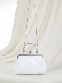Clariva Blue Lovely Lace Flower Material Handbag Shoulder Bag With Chain Women Evening Bags Clutches Bag Perfect For Party, Wedding, Prom, Dinner/Banquet, Matching With Wedding Dress,Formal Dresses, Prom Dress, Birthday Dress Suitable For Shopping, Wallet, Shopping, Young Women, College Students, Newcomers, White-Collar Workers. Very Suitable For Office, College, Work, Business, Commuting, Outdoor Activities, Travel And Outings Gifts - White - View 2