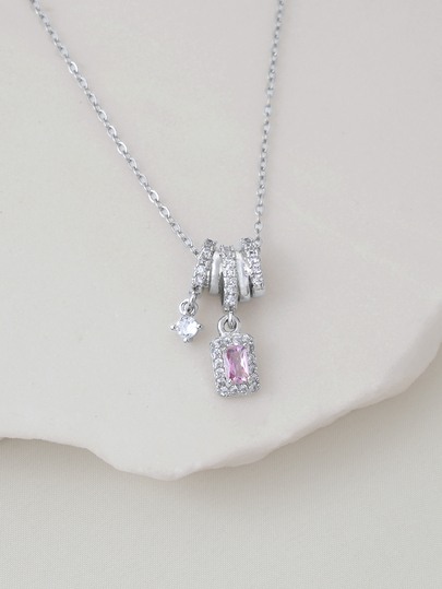 Clariva 1pc Stainless Steel Pink Square Zirconia Star Decor Necklace, Silver Curved Shape Frame With Purple Square Zirconia Titanium Steel Pendant, Suitable For Mother's Day Gift And Women's Daily Wear Gifts