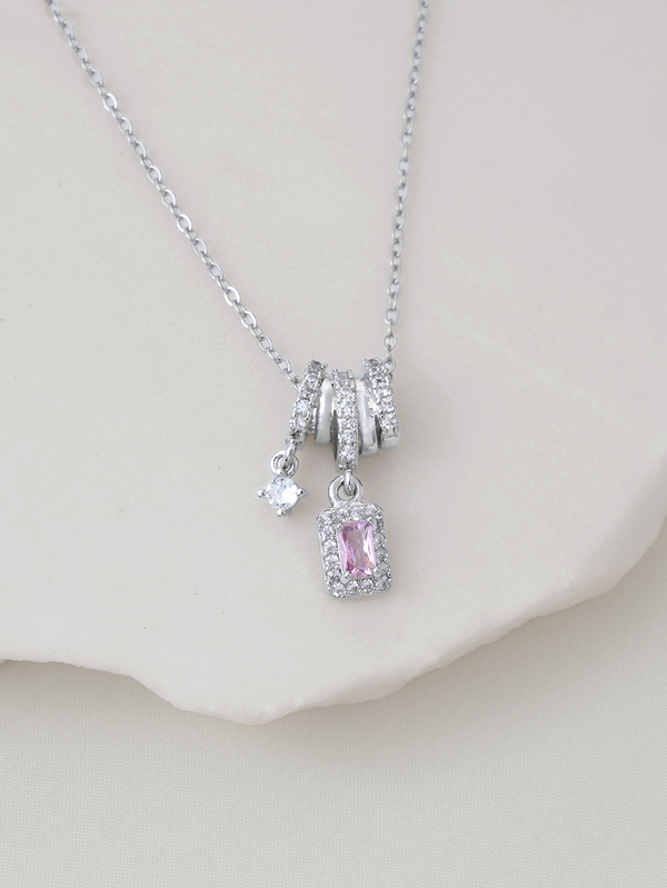 Clariva 1pc Stainless Steel Pink Square Zirconia Star Decor Necklace, Silver Curved Shape Frame With Purple Square Zirconia Titanium Steel Pendant, Suitable For Mother's Day Gift And Women's Daily Wear Gifts