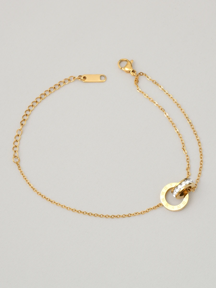 Clariva 双环时尚罗马数字锆石简约手链 - 金色 - 查看 1