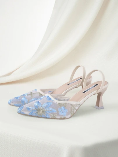 Clariva Fall/Winter 2025 Neo-Chinese Style White High Heel Mules, Pointed Toe, Lace Embroidery, Convertible Sandals For Women,Elegant,Women Pumps Gifts