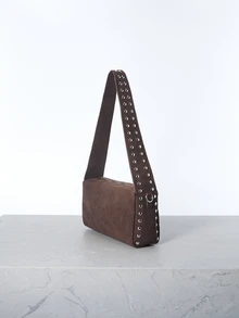 CHICVUE 1pc Women's Large Capacity Square Bag, Suede Fabric, Rivet Decor, Wide Strap, Niche Design, Commuter Shoulder/Underarm Bag Gifts - Brown - View 2