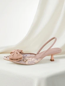 Clariva 女士水钻蝴蝶结装饰小猫跟尖头镂空套脚凉鞋，时尚优雅派对及正式场合低跟鞋（随机裁剪） - 杏色 - 查看 2