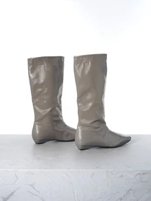 CHICVUE 秋冬季法式博主风尖头宽筒过膝长靴，北欧猫跟马靴，女士圣诞礼物 - 灰色 - 查看 3