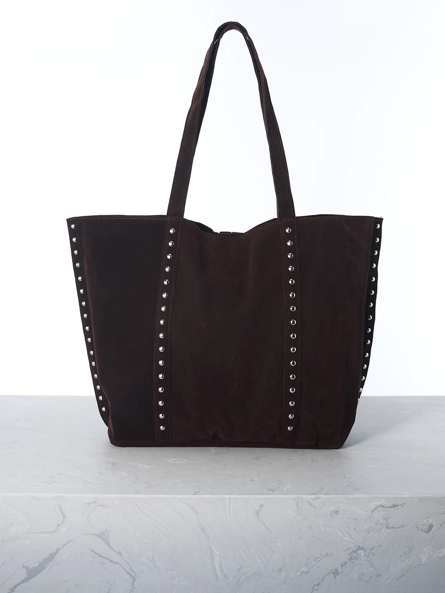 CHICVUE 1pc Vintage Suede Large Capacity Shoulder Bag New Style Tote Bag For Work Shopping School Bag, New Fall Fashion 2025 For Women Gifts - Coffee - View 1