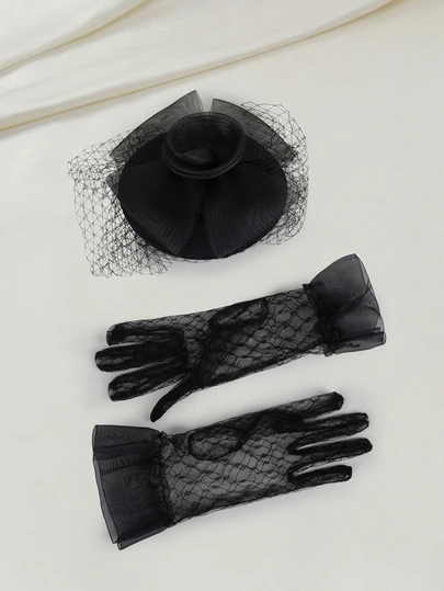 Clariva 1pc Women Fashion Mesh Flower Decor Elegant Hat & 1Pair Full Finger Gloves For Party Valentines Decor Gifts