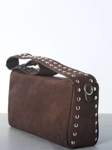 CHICVUE 1pc Women's Large Capacity Square Bag, Suede Fabric, Rivet Decor, Wide Strap, Niche Design, Commuter Shoulder/Underarm Bag Gifts - Brown - View 4