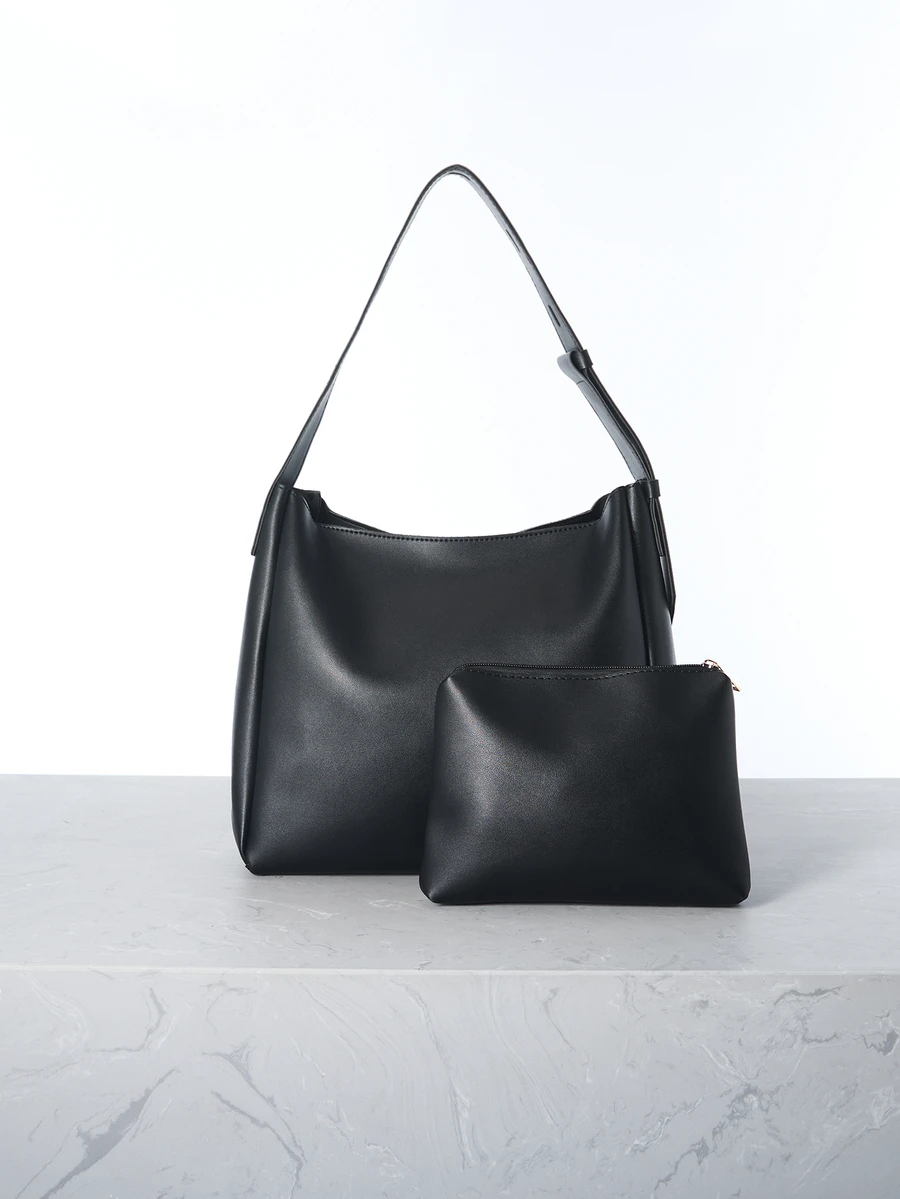 CHICVUE Tas Bahu Minimalis Mewah Berkapasitas Besar Desain Ibu untuk Perjalanan Sehari-hari Gaya Retro Kasual Chic Warna Polos untuk Wanita, Hadiah - Hitam - View 1