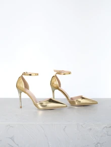 CHICVUE Sandalias de mujer con puntera puntiaguda, tacón ultra alto y un solo tirante, de color dorado, un regalo de Navidad minimalista y de moda - Dorado - Ver 2