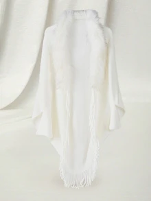 优雅的单件秋冬时尚针织披肩，厚领设计，流苏穗饰，适合搭配旗袍，百搭风格，圣诞礼物之选 - 白色 - 查看 1