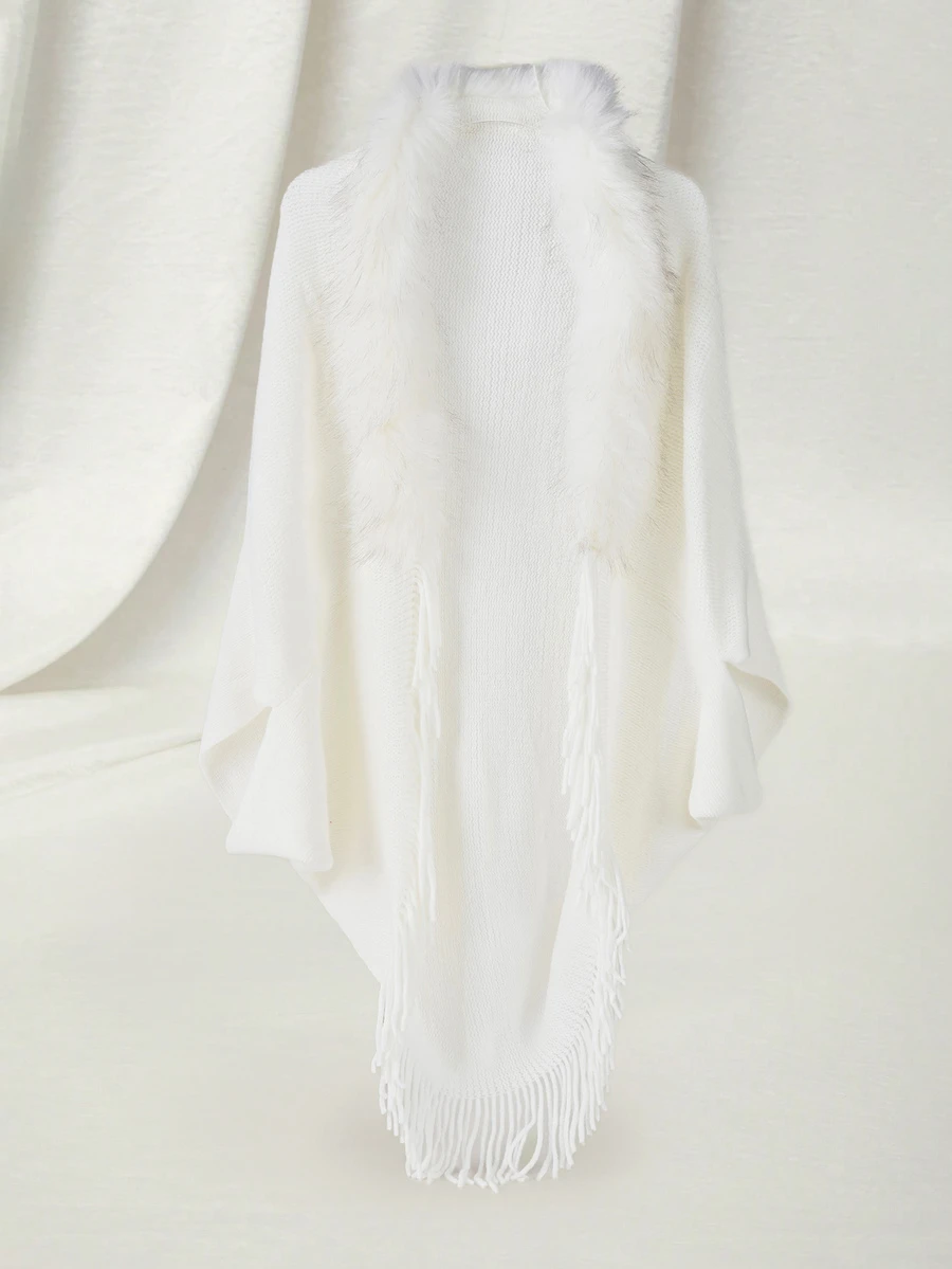 优雅的单件秋冬时尚针织披肩，厚领设计，流苏穗饰，适合搭配旗袍，百搭风格，圣诞礼物之选 - 白色 - 查看 1