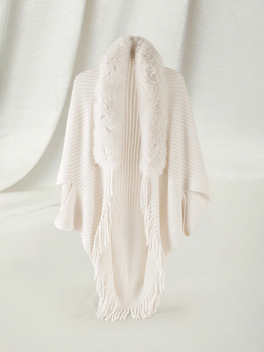 Clariva 1件女士宽松蝙蝠袖斗篷开衫毛衣，针织披肩领外套，室内外皆宜，时尚套头衫，适合日常穿着，秋冬圣诞礼物 - 米色 - 查看 1