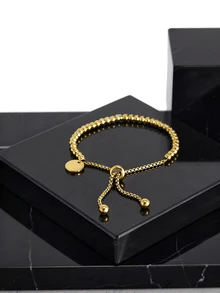 CHICVUE 1件简约时尚不锈钢镀层圆形吊坠可调节串珠手链，可刻字作为圣诞礼物 - 金色 - 查看 2