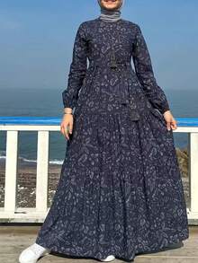 女士藏蓝色碎花长袖连衣裙，配腰带 - 深藍色 - 查看 3