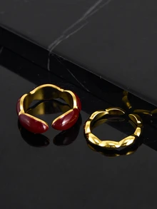 CHICVUE 2件套简约时尚奢华红色镀金金属开口戒指，适合叠戴，圣诞礼物之选 - 金黃色 - 查看 3
