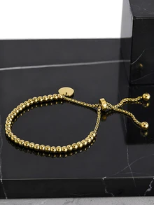 CHICVUE 1件简约时尚不锈钢镀层圆形吊坠可调节串珠手链，可刻字作为圣诞礼物 - 金色 - 查看 3