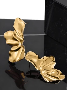 CHICVUE 1对金属波浪花朵半环耳环，欧美复古夸张夏季耳饰，女孩圣诞礼物 - 金黃色 - 查看 2