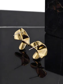 CHICVUE 1对简约纹理几何不对称时尚耳钉，女士圣诞礼物 - 金黃色 - 查看 3