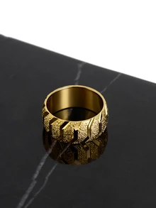 CHICVUE 1枚不锈钢时尚戒指，男女通用情侣戒指，适合婚礼、节日、日常佩戴，亦可作为圣诞礼物 - 金黃色 - 查看 3