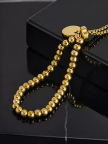 CHICVUE 1件简约时尚不锈钢镀层圆形吊坠可调节串珠手链，可刻字作为圣诞礼物 - 金色 - 查看 5