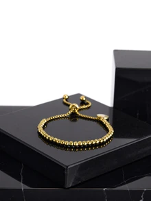 CHICVUE 1件简约时尚不锈钢镀层圆形吊坠可调节串珠手链，可刻字作为圣诞礼物 - 金色 - 查看 1