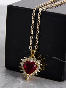 CHICVUE 1件女士优雅红色心形吊坠项链，不锈钢金色链条，适合作为情人节、母亲节、生日和圣诞节礼物 - 紅色 - 查看 5