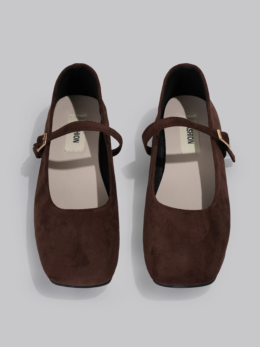 DareSee 女士简约棕色搭扣装饰芭蕾平底鞋，时尚优雅的玛丽珍鞋，适合工作装、学生装、休闲装、旅行装、优雅装扮，经典百搭，柔软舒适，带来卓越的穿着体验。Y2K音乐节返校季秋冬季礼物之选。 - 棕色 - 查看 1