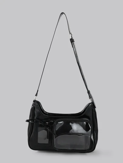 DareSee 日本新款Y2K时尚购物休闲简约街头通勤大容量女大学生油蜡皮透明徽章包多功能单肩包斜挎包，可装杂物、挂钥匙链、放明信片，街头日系包包，女士圣诞礼物