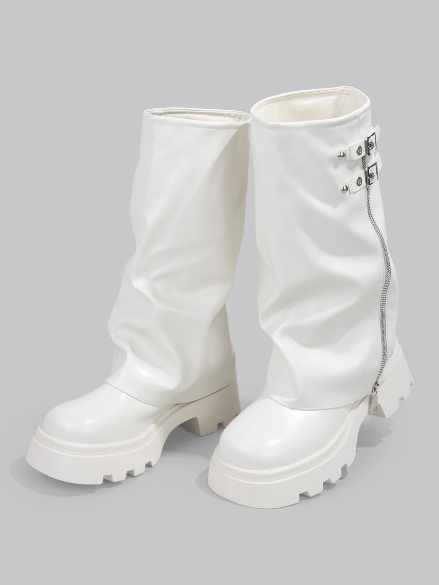 DareSee Vintage Western Cowboy Boots For Women, Thick Bottom Platform Mid-Calf Boots With Zipper, Knight Boots With Belt Buckle, Round Toe Chunky Heel Riding Boots Gifts - Beige - View 1