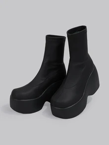 DareSee 女士黑色仿皮踝靴，西部风格厚底坡跟，侧缝细节，休闲日常及节日穿着，秋冬季必备圣诞礼物 - 黑色 - 查看 1