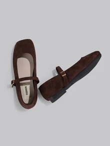 DareSee 女士简约棕色搭扣装饰芭蕾平底鞋，时尚优雅的玛丽珍鞋，适合工作装、学生装、休闲装、旅行装、优雅装扮，经典百搭，柔软舒适，带来卓越的穿着体验。Y2K音乐节返校季秋冬季礼物之选。 - 棕色 - 查看 5