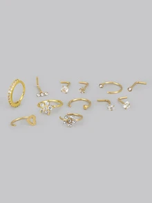 DareSee 12PCS 20G StainlessSteel Nose Rings Hoop For Women Men Paved CZ Flower Nose Piercing Jewelry L ShapedNose Ring Stud Set Gifts