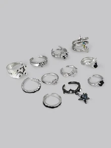 DareSee Kpop哥特朋克复古美学几何不对称星形银色戒指，适合女性，Egirl Grunge Y2K EMO风格，珠宝配饰，音乐节礼物 - 彩色 - 查看 6