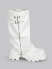 DareSee Vintage Western Cowboy Boots For Women, Thick Bottom Platform Mid-Calf Boots With Zipper, Knight Boots With Belt Buckle, Round Toe Chunky Heel Riding Boots Gifts - Beige - View 5