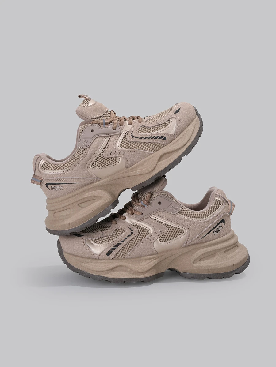 DareSee 女士银色厚底运动鞋，2025春季新款时尚轻便厚底多功能网面透气休闲运动鞋，圣诞礼物 - 米色 - 查看 1