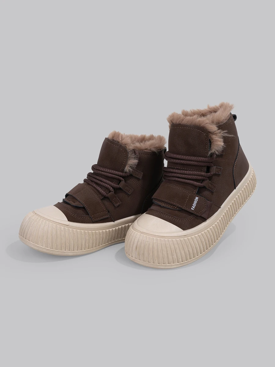 DareSee 2025 Winter New High-Top Shoes For Women, Plush Lining Thick Soles Casual Sneakers, Versatile, Ins Style, Brown & Black Leather Short Boots, Snow Boots Gifts Music Fest - Brown - View 1