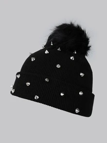 DareSee 1件装女士秋冬欧美朋克铆钉针织帽，保暖护耳针织拉法帽，适合通勤，圣诞礼物 - 多色 - 查看 2