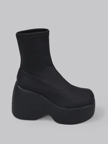 DareSee 女士黑色仿皮踝靴，西部风格厚底坡跟，侧缝细节，休闲日常及节日穿着，秋冬季必备圣诞礼物 - 黑色 - 查看 3