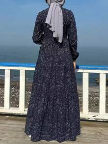 女士藏蓝色碎花长袖连衣裙，配腰带 - 深藍色 - 查看 4