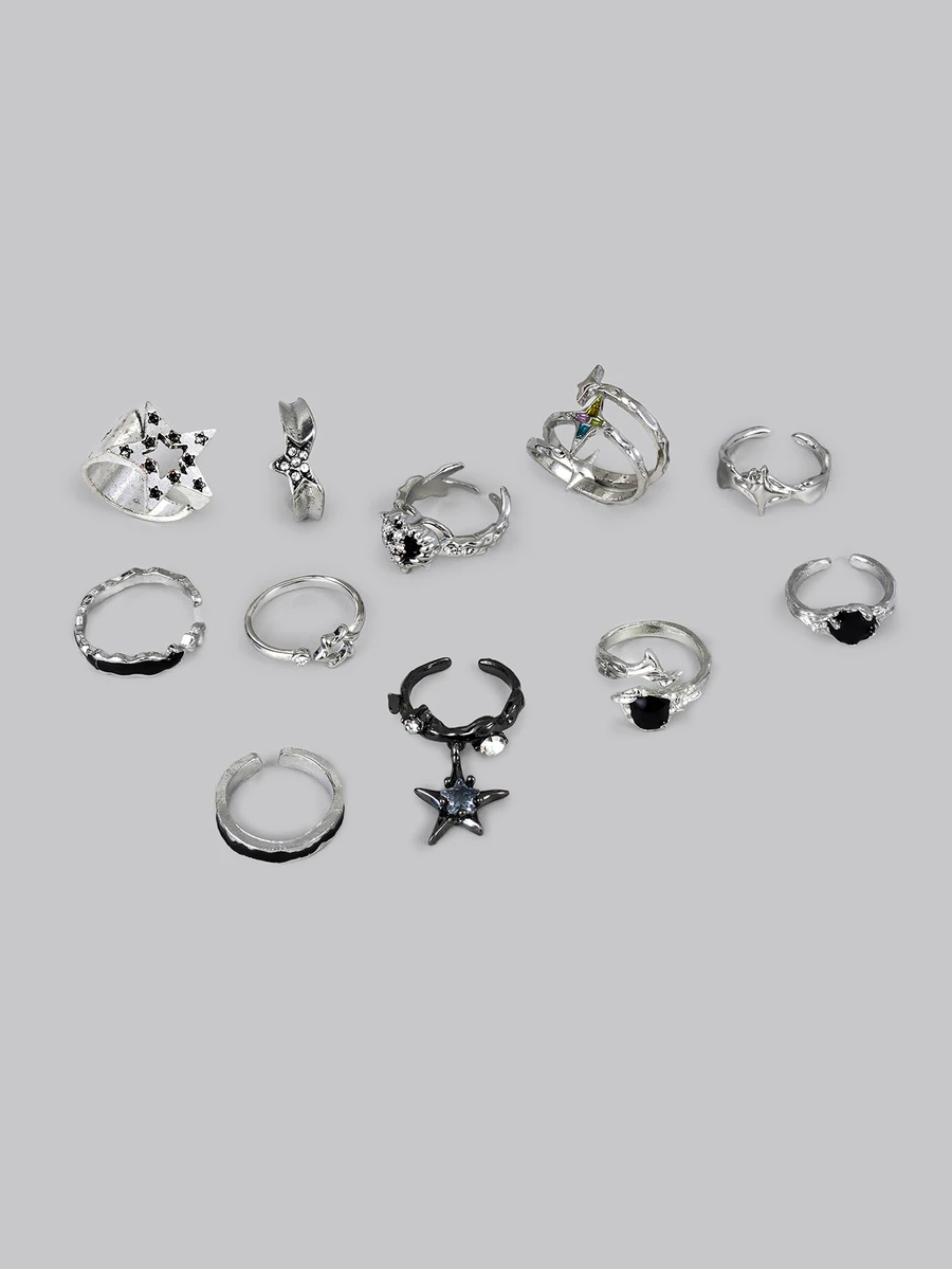 DareSee Kpop哥特朋克复古美学几何不对称星形银色戒指，适合女性，Egirl Grunge Y2K EMO风格，珠宝配饰，音乐节礼物 - 彩色 - 查看 1