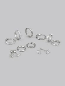 DareSee 6对精致月亮耳钉耳环套装，银色不锈钢低过敏性耳环，镶嵌小巧锆石花朵，适合耳垂、耳骨、耳廓等多个穿孔部位，是送给女性的礼物，也是音乐节的理想之选 - Silver-1# - 查看 3