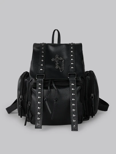 DareSee 原创手工千禧宝贝Y2K软皮亚文化双肩包，配以暗黑十字架和金属链条，通勤包，Y2K包，2000年代时尚风格，哥特朋克风女包，完美搭配背包配件，学习用品，书包，适合青少年女孩、女性、大学生，是返校季、开学第一天、返校必备礼物和音乐节的理想之选