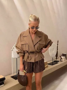 Áo khoác nữ kiểu dáng mới mùa thu, thanh lịch và thời trang, dáng rộng, dây đeo, tay dài, có túi trang trí, áo cardigan màu trơn, có túi và nút cài, thích hợp cho công sở, mùa xuân. - Màu Khaki - Xem 2