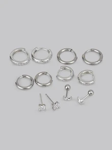 DareSee 6对精致月亮耳钉耳环套装，银色不锈钢低过敏性耳环，镶嵌小巧锆石花朵，适合耳垂、耳骨、耳廓等多个穿孔部位，是送给女性的礼物，也是音乐节的理想之选 - Silver-1# - 查看 1